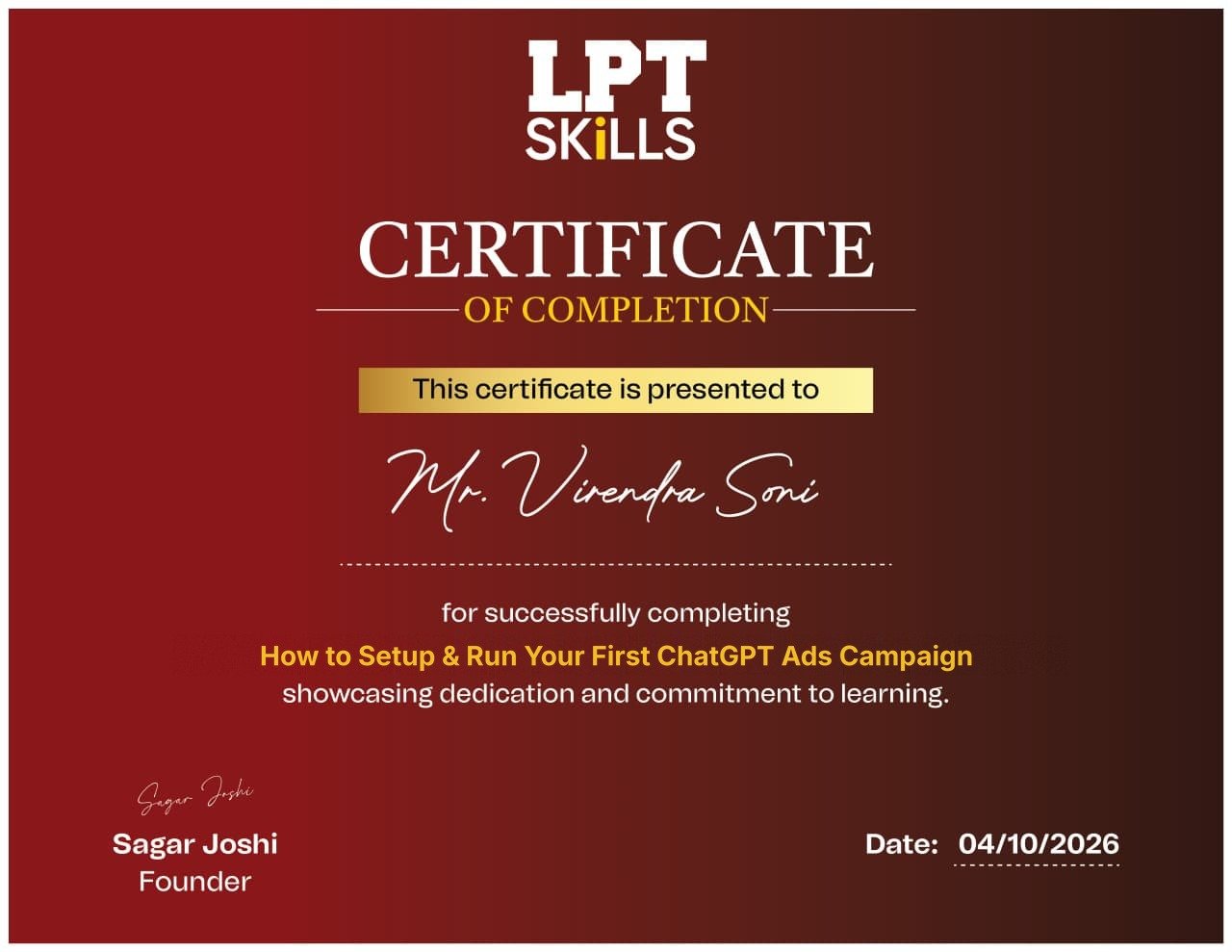 LPT Skills AI-Driven Digital Marketing Career MasterClass Certificate of Participation
